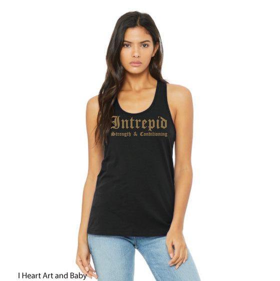 CrossFit Intrepid, Woman's Racerback Tank Top with Gold Ink