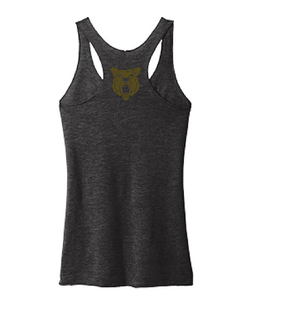 Warwick Weightlifting Club, Woman's Racerback Tank Top with Gold Ink