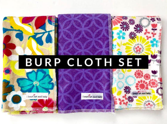 Set of 3 Girl Burp Cloths- Tan Floral, Purple Diamonds, and Flowers